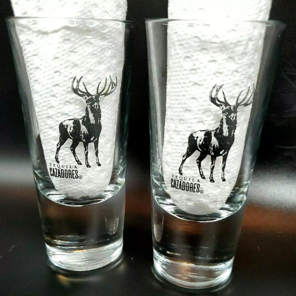 Large Weighted Heavy CAZADORES Tequila DEER Hunter Shot Glass Rare Set of 2